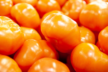 Fresh tomatoes piled on display for sale. Red juicy shiny. Shallow depth of field.の写真素材