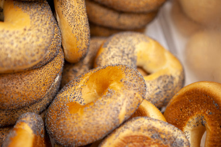 Rows of freshly made bagelsの写真素材