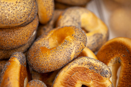 Rows of freshly made bagels の写真素材