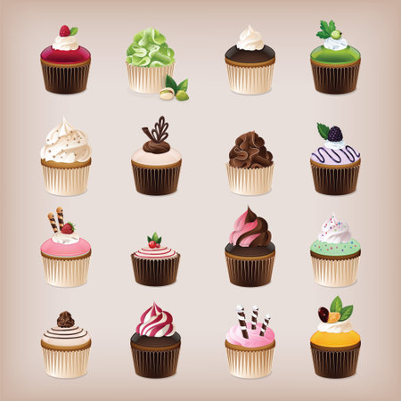 Set of 16 delicious cupcakesのイラスト素材