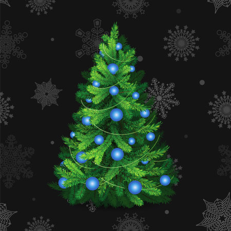 Christmas tree on black background with snowflakesのイラスト素材