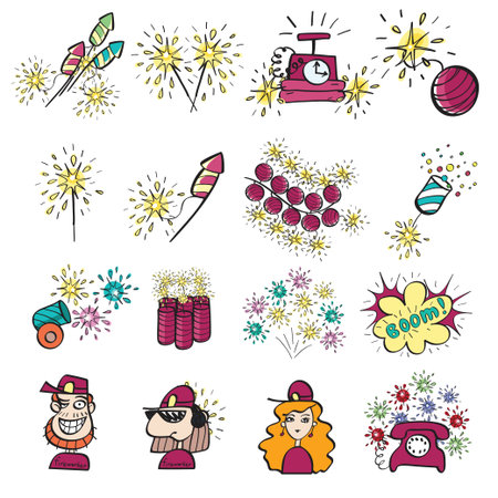 Fireworks set of icons painted by handのイラスト素材