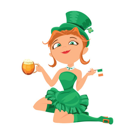 Leprechaun girl with beer and flag of Ireland in her hands. Cartoon leprechaun girl isolated on white background. Vector illustration.のイラスト素材