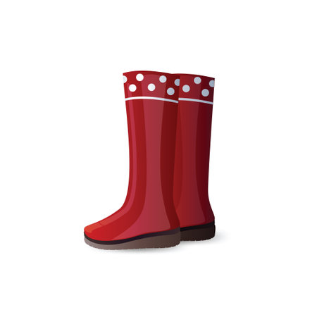 Rubber garden boots isolated on white background. Shiny red rubber boots. Icon of rubber boots for working in the garden. Icon waterproof rubber boots. Vector illustration.のイラスト素材
