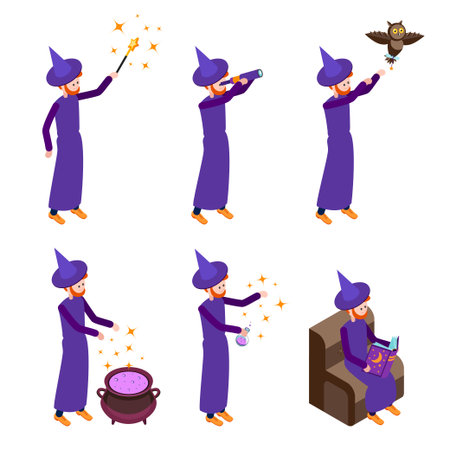 Set of Isometric icons wizard in different poses. Wizard isolated on white background. Vector illustration.のイラスト素材