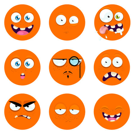 Set of icons of emotions. Different expressions of emotion, an orange icon. Emoji Icons set in cartoon style. Vector illustration.のイラスト素材