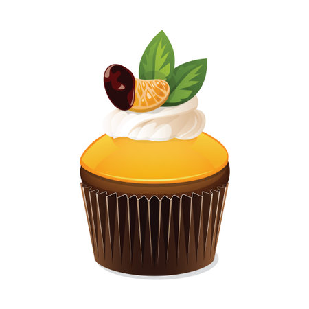 Cupcake Icon isolated on a white background. Cupcake with orange jelly and cream. Orange cupcake with a slice of mandarin in chocolate. Vector illustration.のイラスト素材