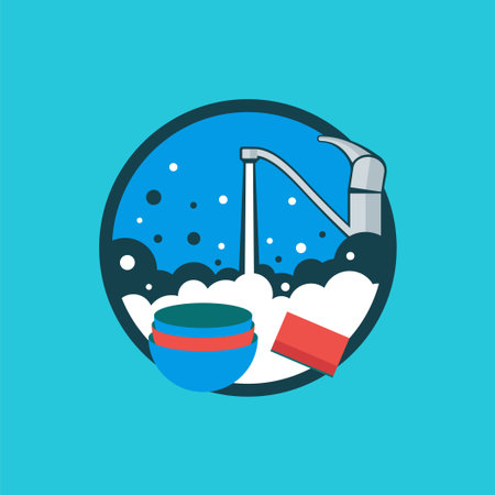 Icon washing kitchen utensils isolated on a blue background. Icon with a tap, sponge and kitchen utensils in a flat style. Vector illustration.のイラスト素材