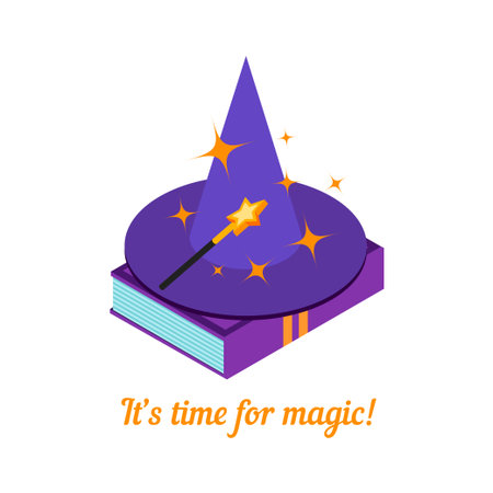 Isometric magic hat isolated on a white background. Magic wand and hat on a book. Magic background. Vector illustration.のイラスト素材