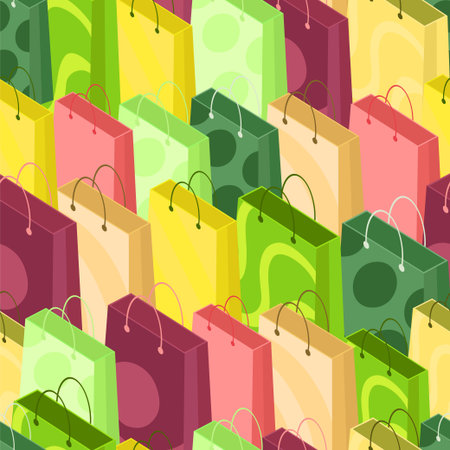 Seamless pattern of shopping bags. Seamless background of colorful shopping bags in isometric style. Vector illustration.のイラスト素材