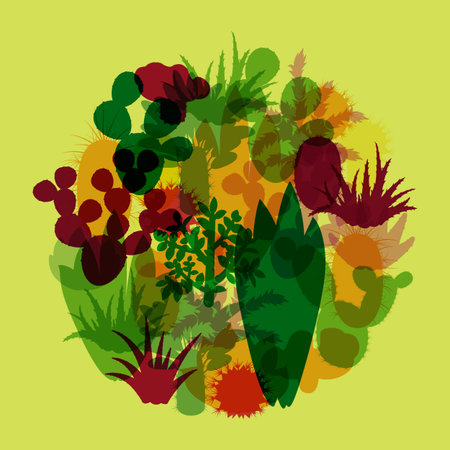 Silhouettes of cacti and succulents. The natural background of silhouette of indoor plants isolated on green background. Modern round background silhouettes of cacti. Vector illustration.のイラスト素材