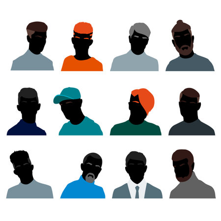 Set of men's heads isolated on a white background. Men's faces in a flat style. Men avatars with different hairstyles. Vector illustration.のイラスト素材