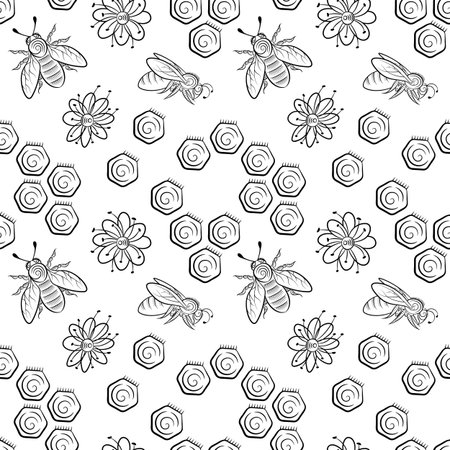 Seamless pattern of bees, flowers and honeycomb. Honey background in vintage style. Vector illustration.のイラスト素材