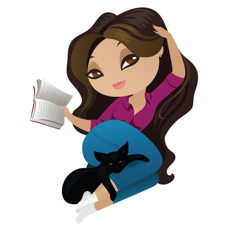 Beautiful girl lying down and reading a book. Cute cartoon character for your design.のイラスト素材
