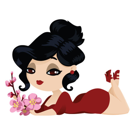 Bright brunette in a red dress with cherry flowers in her hands. Cute cartoon character for your design.のイラスト素材