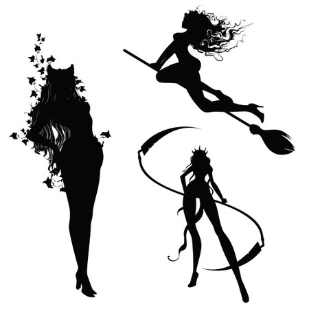 Set of three silhouettes for your design. Set of three cartoon silhouettes witches for Halloween day.のイラスト素材