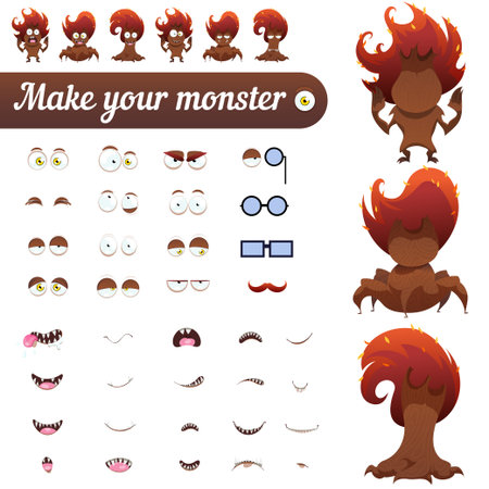 Monster creation kit. Set for construction of vector avatars monsters. Spooky trees for Halloween. Vector illustration.のイラスト素材