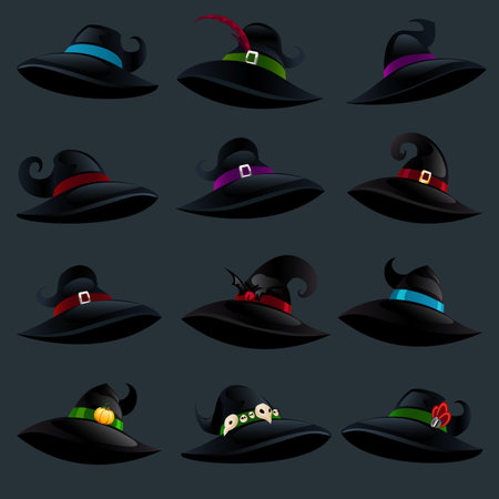 Witch hats isolated on a dark background. Set of witch hats in cartoon style for Halloween. Vector illustration.のイラスト素材