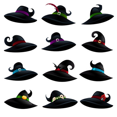 Witch hats isolated on a white background. Set of witch hats in cartoon style for Halloween. Vector illustration.のイラスト素材