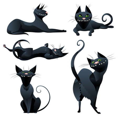 Cute black cats in cartoon style. Set of funny cats isolated on white background. Vector illustration.のイラスト素材