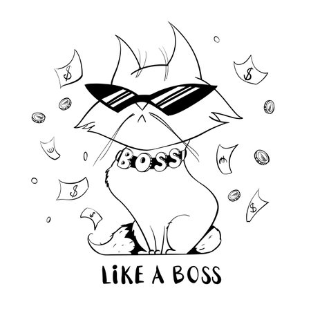 Funny cat in sunglasses isolated on white background. Funny cat under money rain. Boss cat in a cartoon style. Vector illustration.のイラスト素材