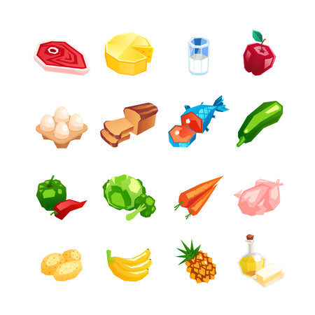 Everyday food products. Icons of vegetables, fruits and meat isolated on a white background. Icons of healthy food in a cartoon style. Vector illustration.のイラスト素材