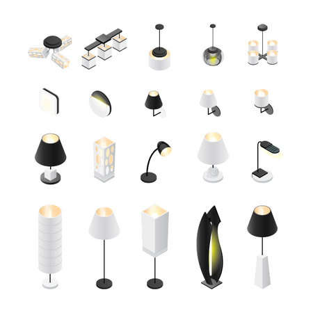 A set of lamps. 3D lamp isolated on white background. Isometric lamps, floor, ceiling, wall lights. Vector illustration.のイラスト素材