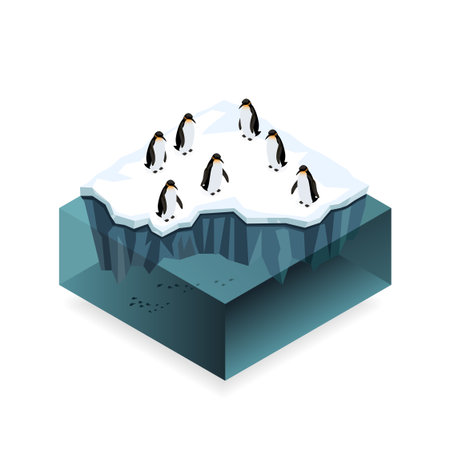 Penguins on ice in the open sea, isometric concept. Low poly concept of nature in Antarctica. Vector illustration.のイラスト素材