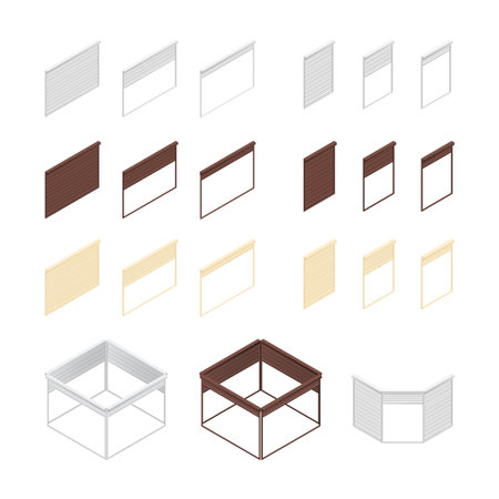 Set of isometric roller shutters for shops isolated on white background. 3D boxes of rolling shutters. Set blinds in different colors. Vector illustration.のイラスト素材