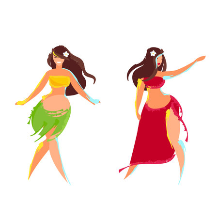 Two Hawaiian hula dancer. Hawaiian women. Vector illustration.のイラスト素材