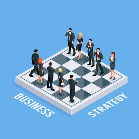 Isometric concept of business strategy. 3d chess with businessmen and business women as figures. Two rival teams on the chessboard. Vector illustration.のイラスト素材