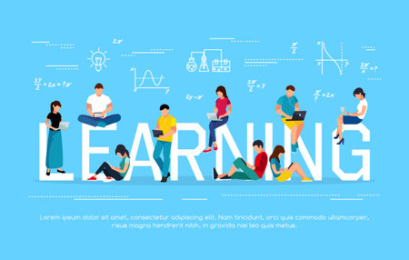 E-learning concept. Young people with tablet pc and laptops are engaged in distance learning on the Internet Vector illustration.のイラスト素材