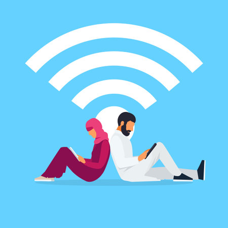 Wi-Fi concept. Young Muslim couple sits back to back and read using a tablet pc Vector illustration.のイラスト素材