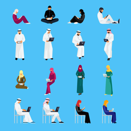 Set of Muslim people in a flat style isolated on a blue background. Muslim men and women read using tablet pc and laptops. Flat people in traditional Arabian clothes. Vector illustration.のイラスト素材