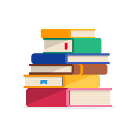 Pile of books in a flat style, isolated on a white background. Stack of books with bookmarks. Concept of learning. Vector illustration.のイラスト素材