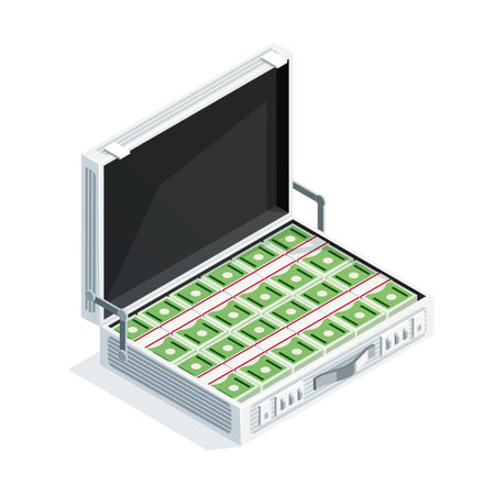 Isometric money in a suitcase isolated on white background. 3d briefcase with cash. Bundles of dollars in a cashbox. Vector illustration.のイラスト素材