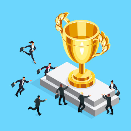 Business competition concept. Isometric businessmen run to the gold cup. 3d businessmen are fighting for the trophy. Vector illustration.のイラスト素材