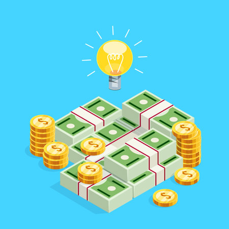 Isometric concept of crowdfunding. 3d bulb as a symbol of the creative idea over stacks of isometric money. Vector illustration.のイラスト素材