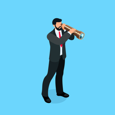 Isometric businessman looks in a spyglass. 3d businessman isolated on blue background. Vector illustration.のイラスト素材