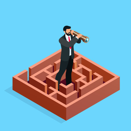 Isometric businessman looks in a spyglass. 3d businessman in the maze. Business search concept. Vector illustration.のイラスト素材
