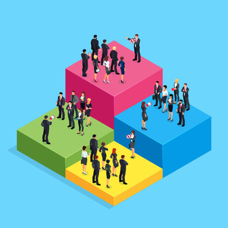 Isometric business concept of teamwork and competition. 3d businessmen standing on the chart, which...