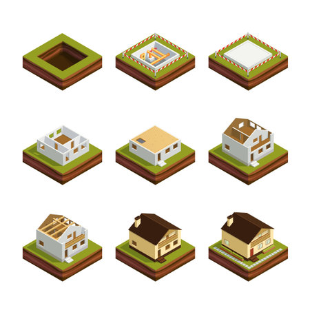 Isometric concept of building a house. Set of 3d icons construction of the house Isolated on white background. House construction phases. Vector illustration.のイラスト素材
