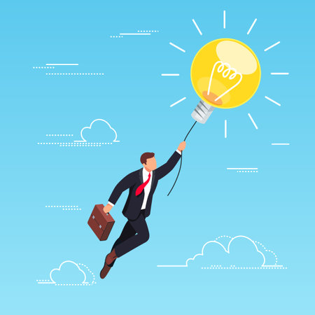 Isometric concept of a business idea. Businessman flying on light bulb in the sky. 3d businessman isolated on blue background. Vector illustration.のイラスト素材