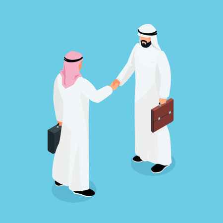 Isometric businessmen shake hands. 3d Muslim businessmen came to an agreement and completed the deal with a handshake. Template for banner or infographics. Vector illustration.のイラスト素材