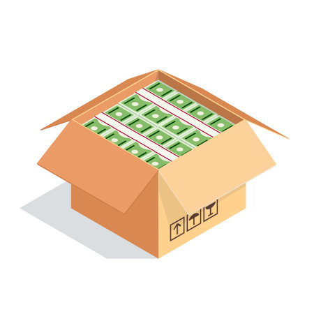 An open cardboard box with bundles of dollarsのイラスト素材