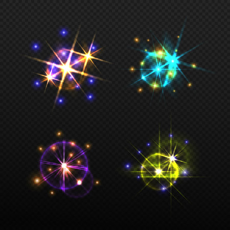 Set of glow light effects isolated on a transparent background. Multicolored set of bright flash and flare in the form of stars. Vector illustration.のイラスト素材
