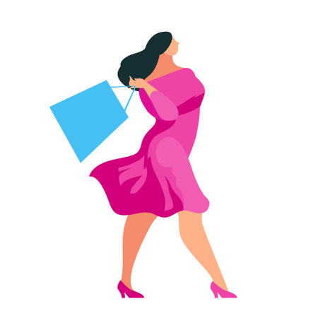 Shopping. Buyer walking with bags in hands. Beautiful customer girl in a flat style isolated on white background. Plus size woman shopper. Vector illustration.のイラスト素材