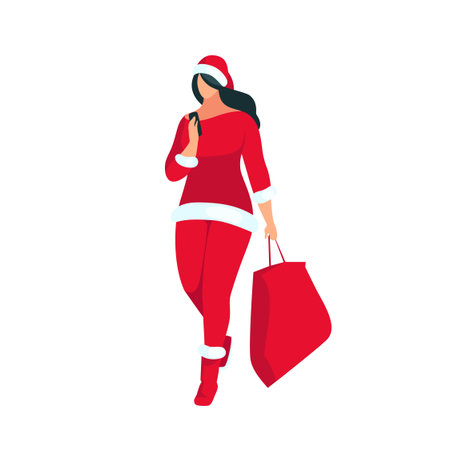 Shopping. Buyer with shopping bags in hands. Santa girl isolated on white background. Christmas sale. Woman plus size in a flat style. Vector illustration.のイラスト素材