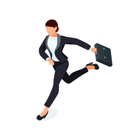 Isometric running businesswoman isolated on white background. 3d business lady with a briefcase in her hand is late and in a hurry. Vector illustration.のイラスト素材