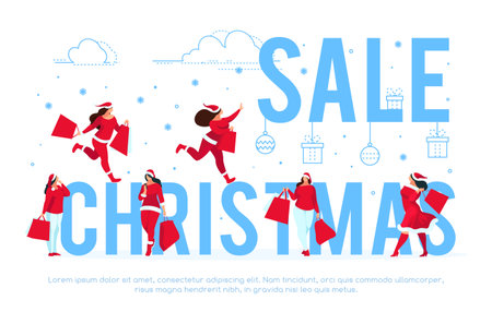 Christmas sale banner template. Modern background with buyers shopping for the New Year. Santa girl with shopping bags in hands. Vector illustration.のイラスト素材